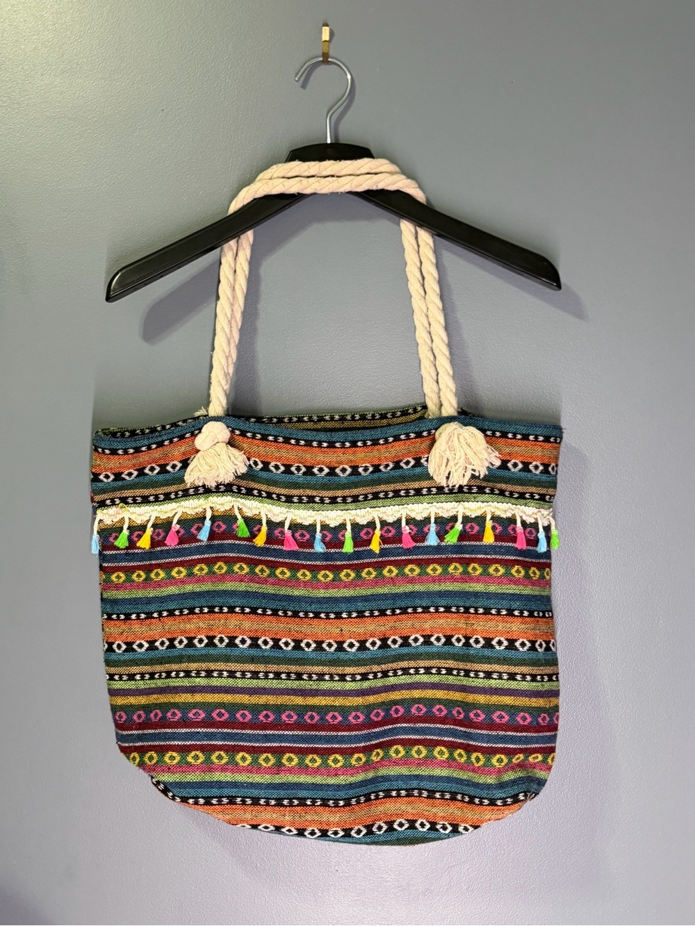 Boho Striped Multicolor Tote Bag with Rope Handles
